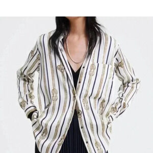 ZARA long nautical striped silky flowy blouse shirt size small office siren chic